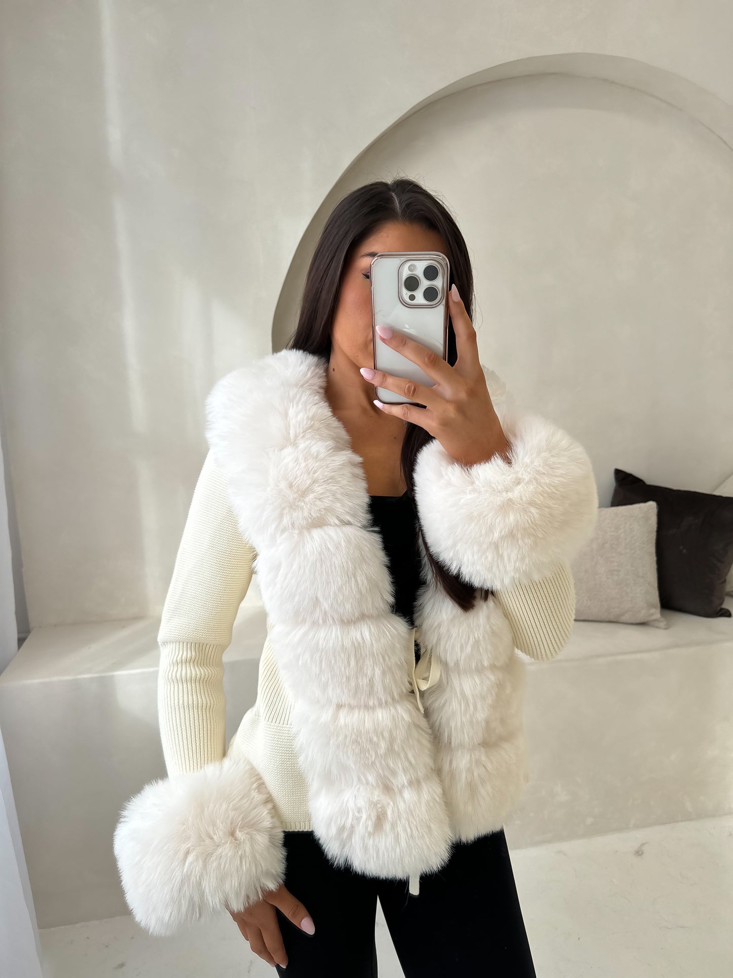 The ‘Geneva’ Faux Fur Cardigan Cream & White