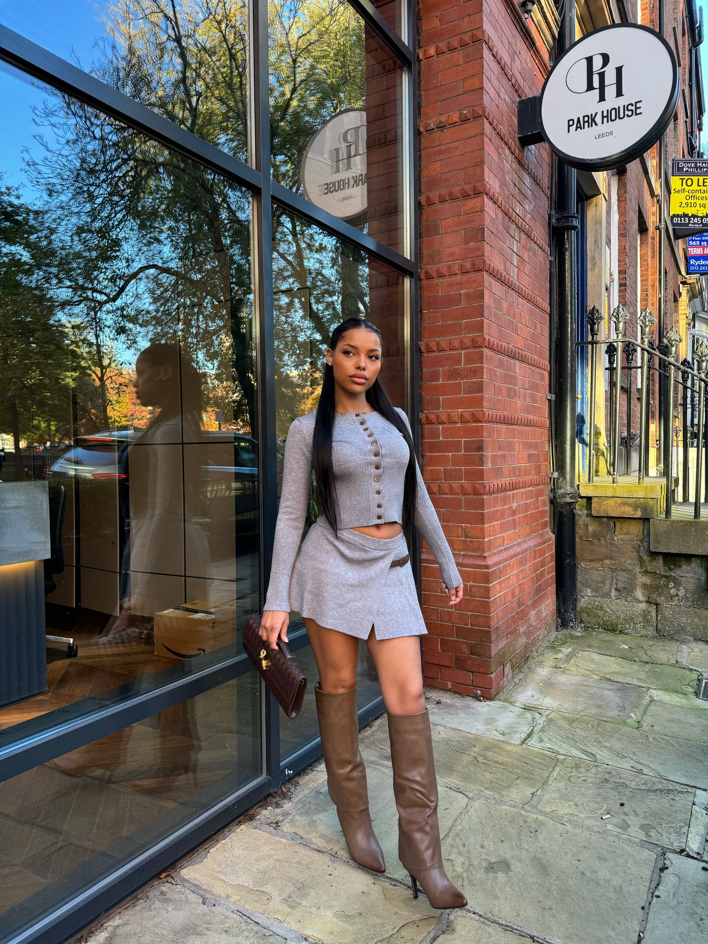 The ‘Kendra’ Grey Pleated Mini Skirt & Cardigan Set