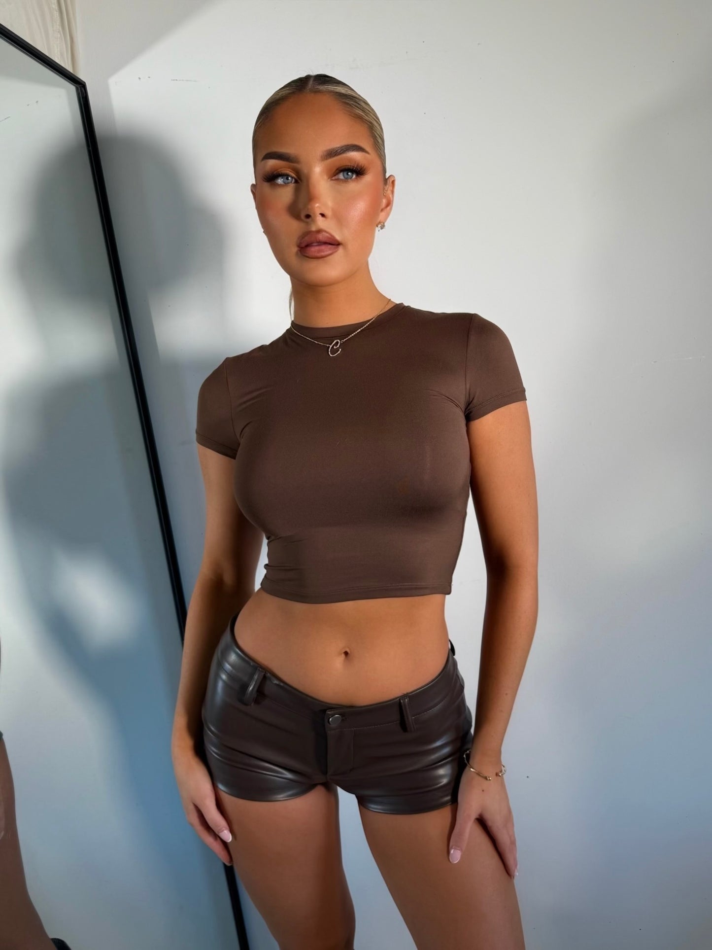 The ‘Cocoa Crush’ Brown Leather Mini Shorts