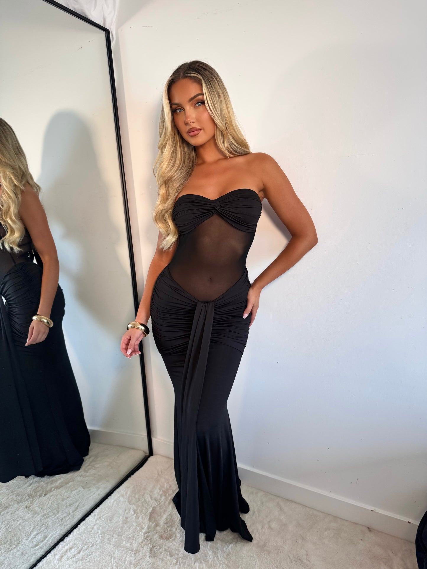 The ‘Mono Muse’ Mesh Ruched Maxi Dress