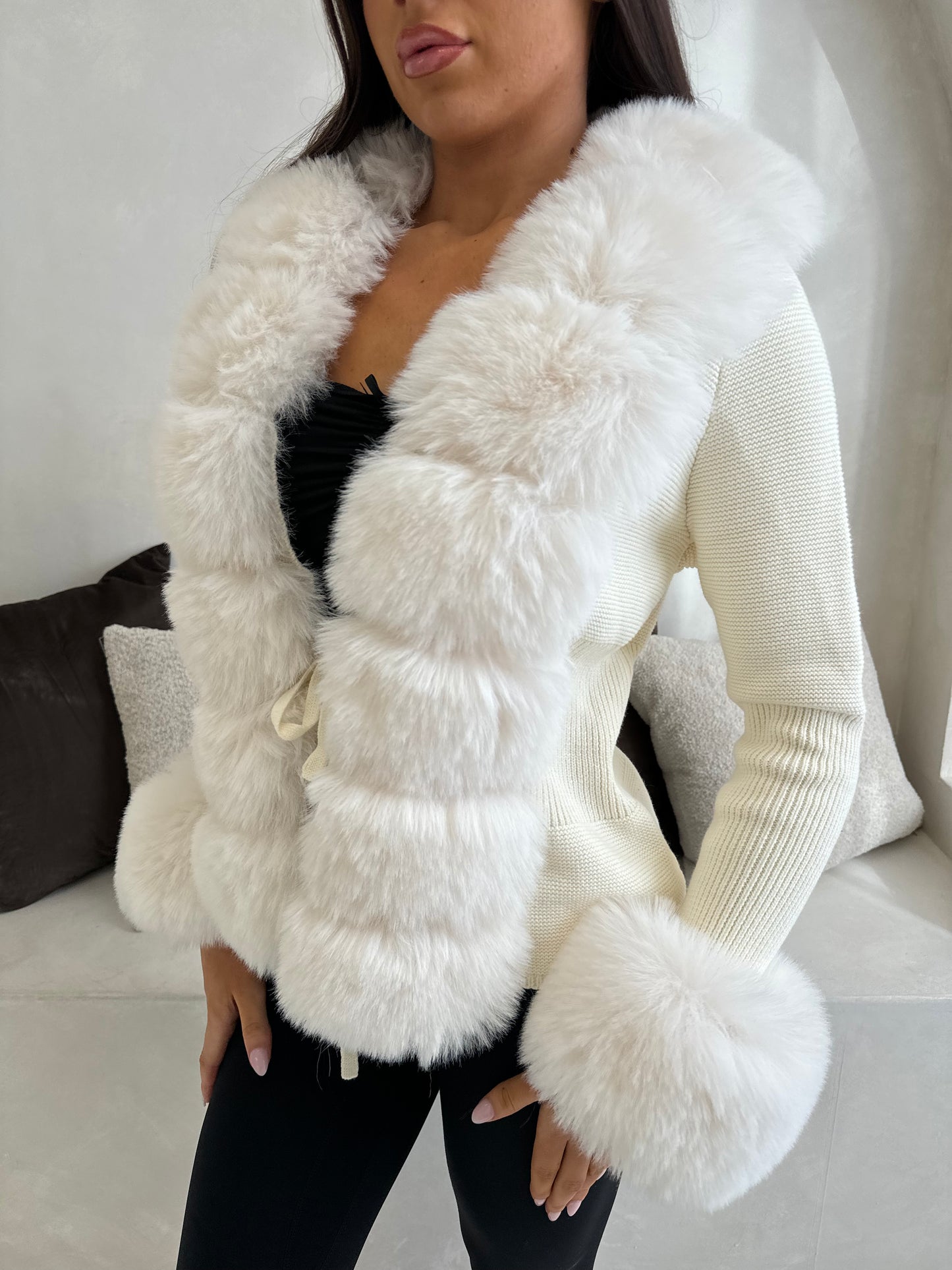 The ‘Geneva’ Faux Fur Cardigan Cream & White