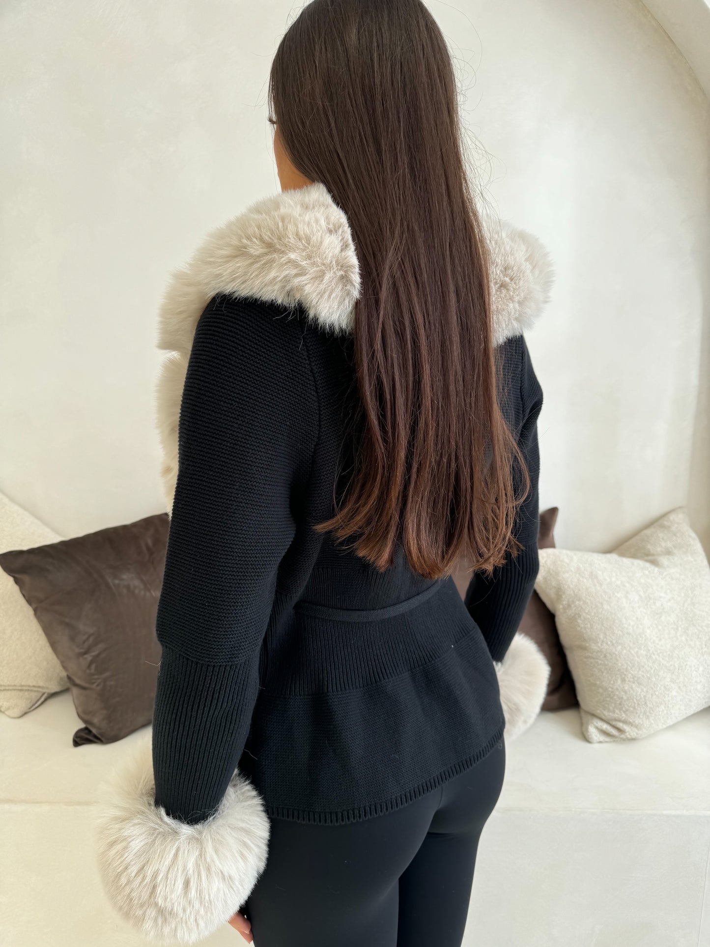 The ‘Geneva’ Faux Fur Cardigan Black & Beige