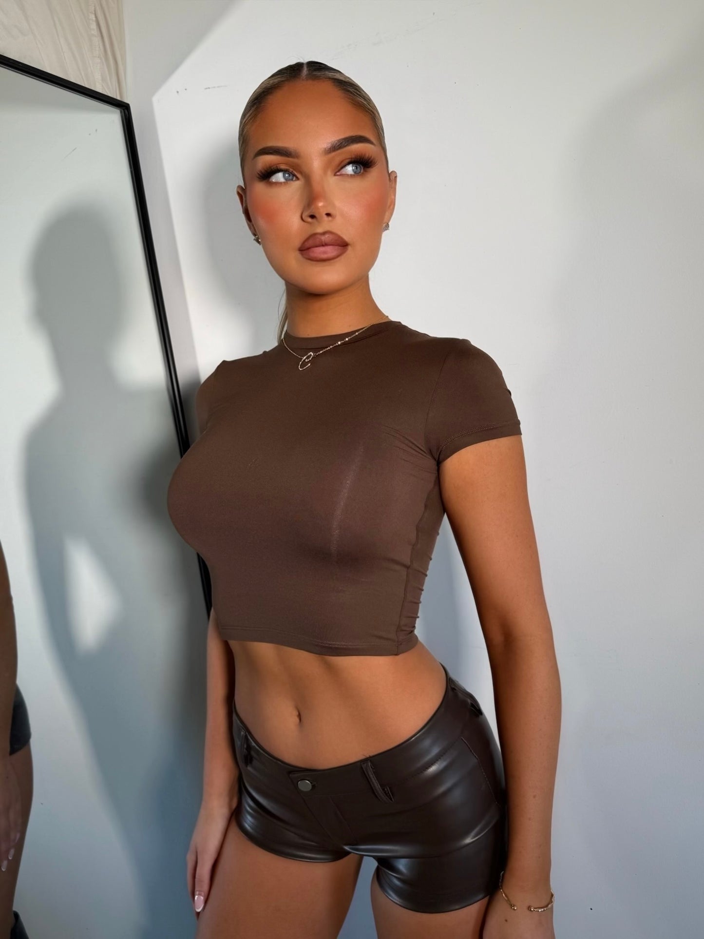 The ‘Cocoa Crush’ Brown Leather Mini Shorts