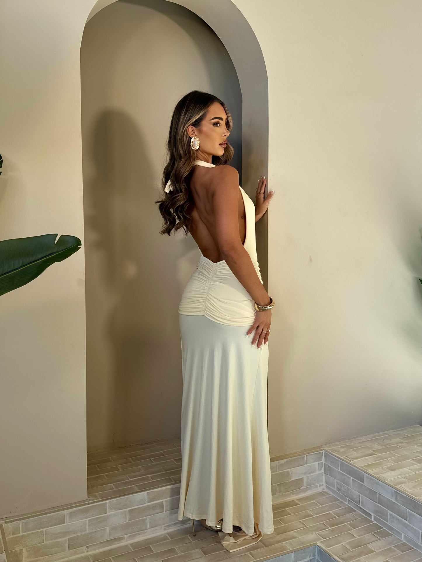 The ‘Avani’ Split Ruched Bum Maxi Dress Cream