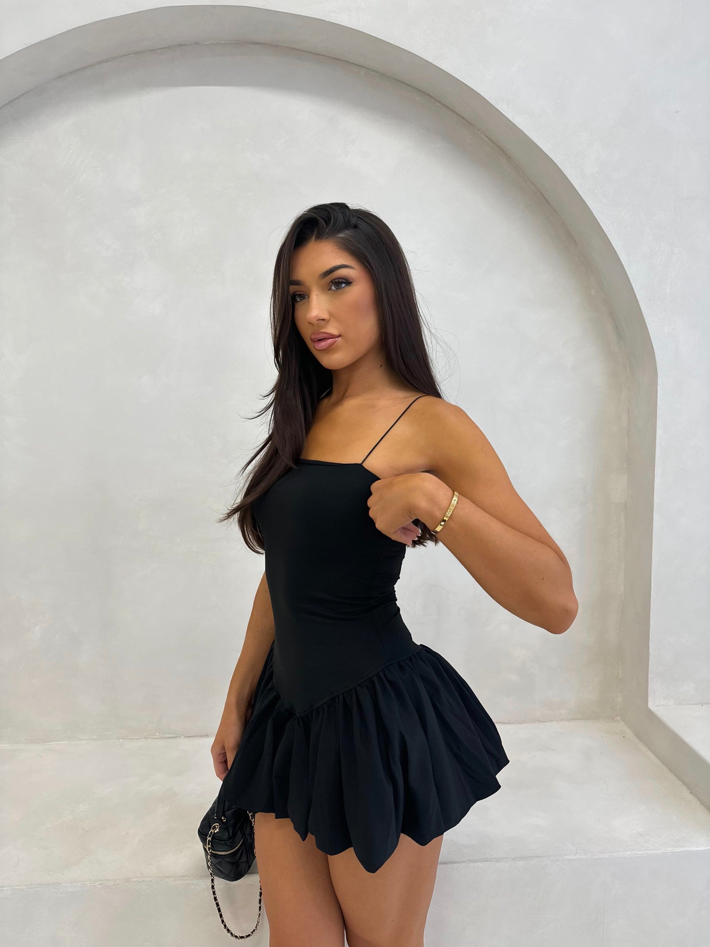 The ‘Penelope’ Puff Hem Mini Dress Black