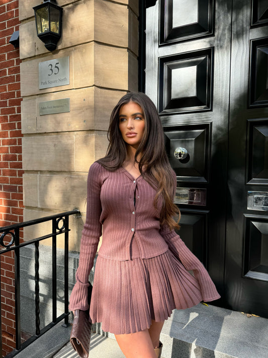 The ‘Jennifer’ Brown Pleated Skirt & Cardigan Set