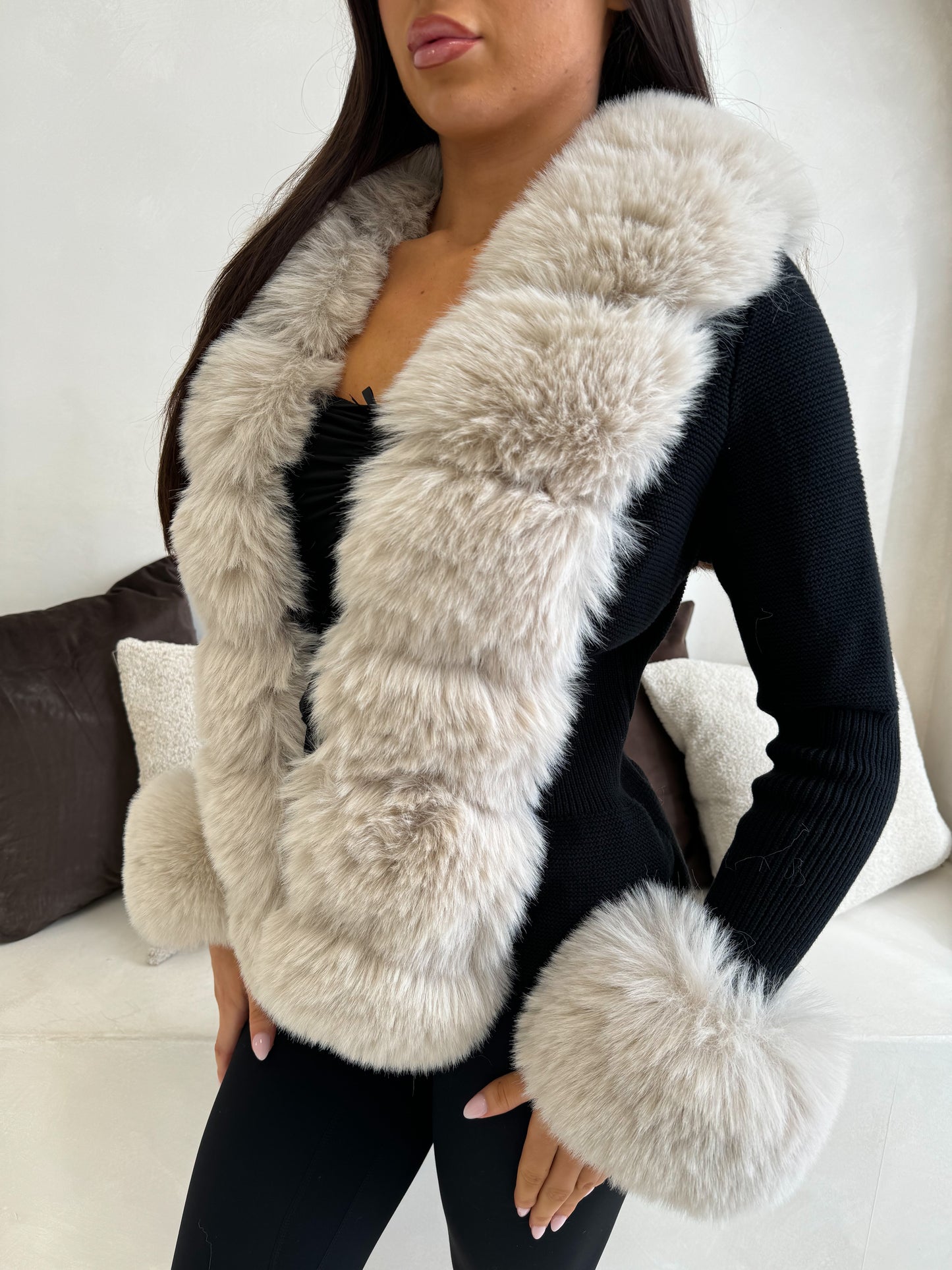 The ‘Geneva’ Faux Fur Cardigan Black & Beige