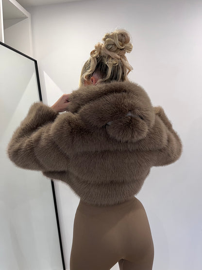 The ‘Mocha’ Brown Hooded Cropped Faux Fur Coat