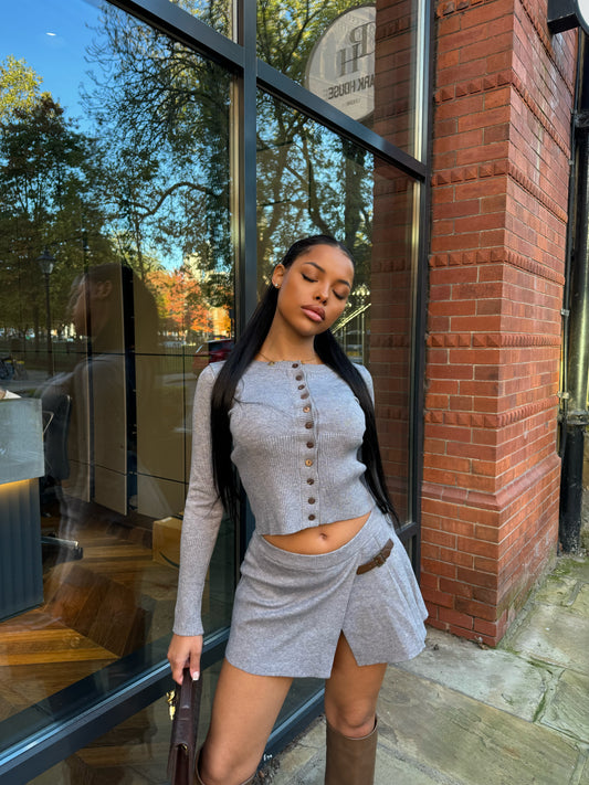 The ‘Kendra’ Grey Pleated Mini Skirt & Cardigan Set