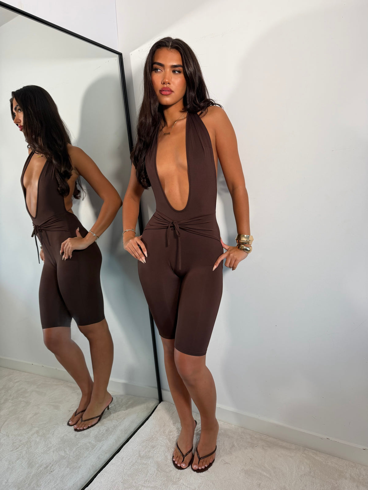 The ‘Hourglass’ Plunge Capri Jumpsuit Brown