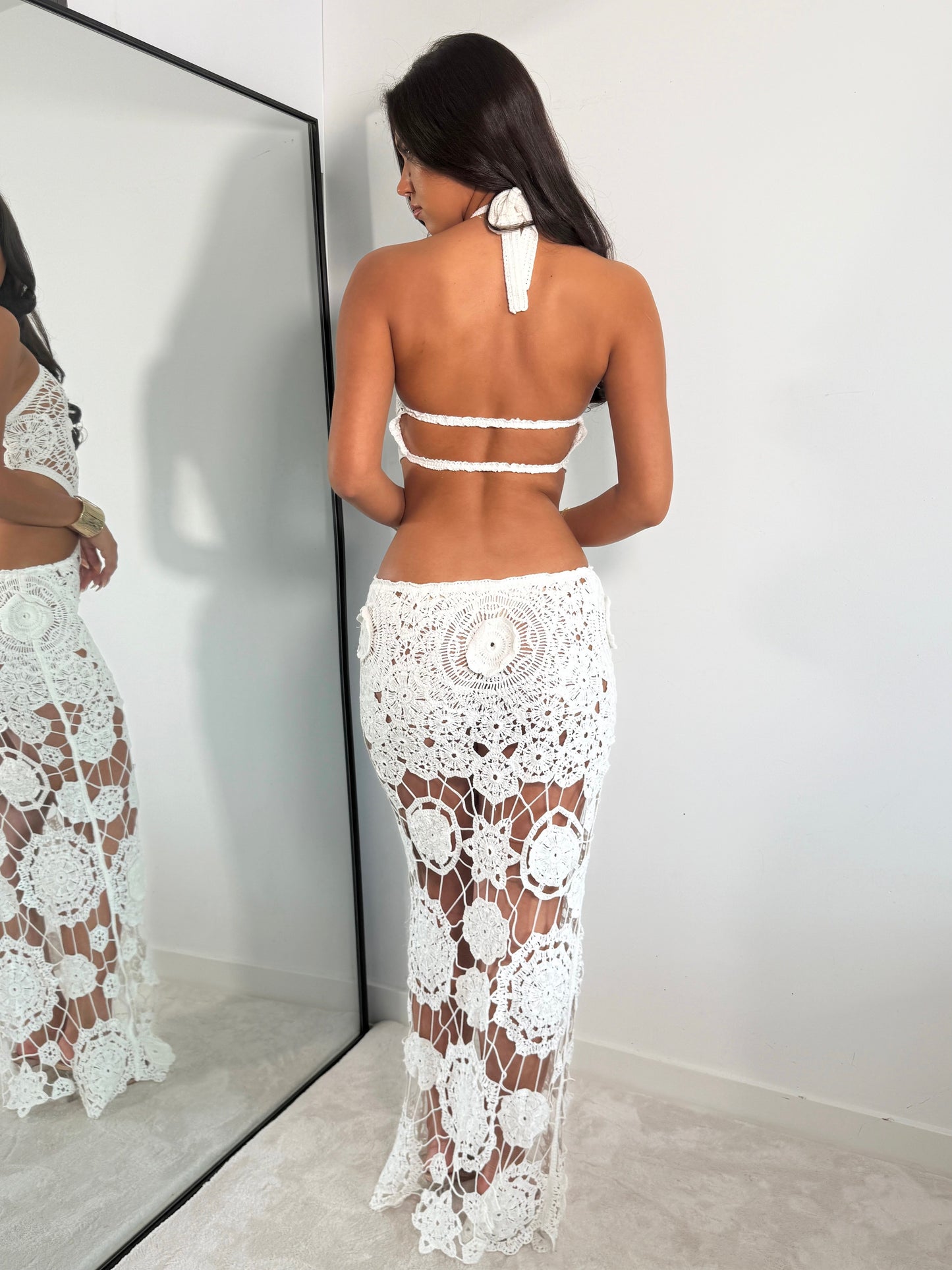 The ‘Santorini Breeze’ White Crochet Maxi Dress