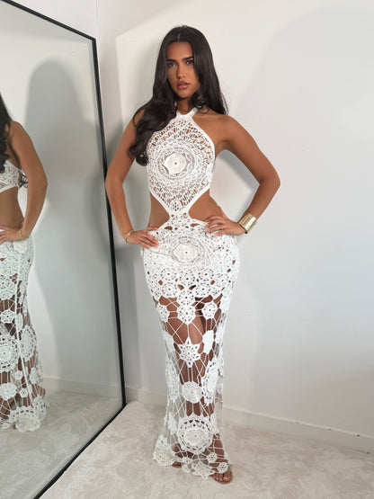 The ‘Santorini Breeze’ White Crochet Maxi Dress