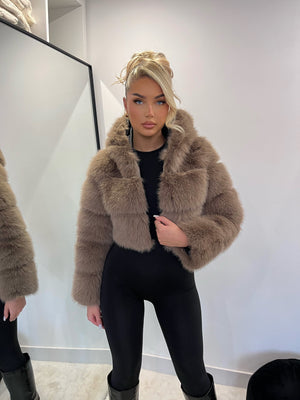 The ‘Mocha’ Brown Hooded Cropped Faux Fur Coat
