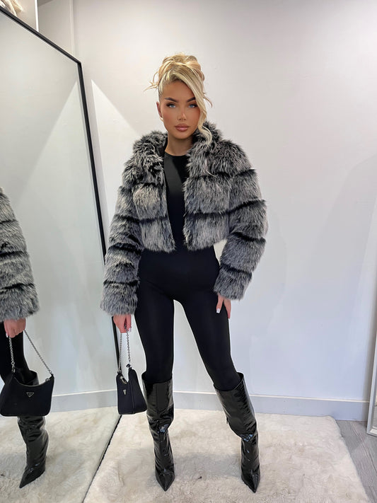 The ‘Storm’ Grey Hooded Cropped Faux Fur Coat