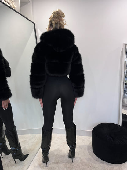 The ‘Midnight’ Black Hooded Cropped Faux Fur Coat