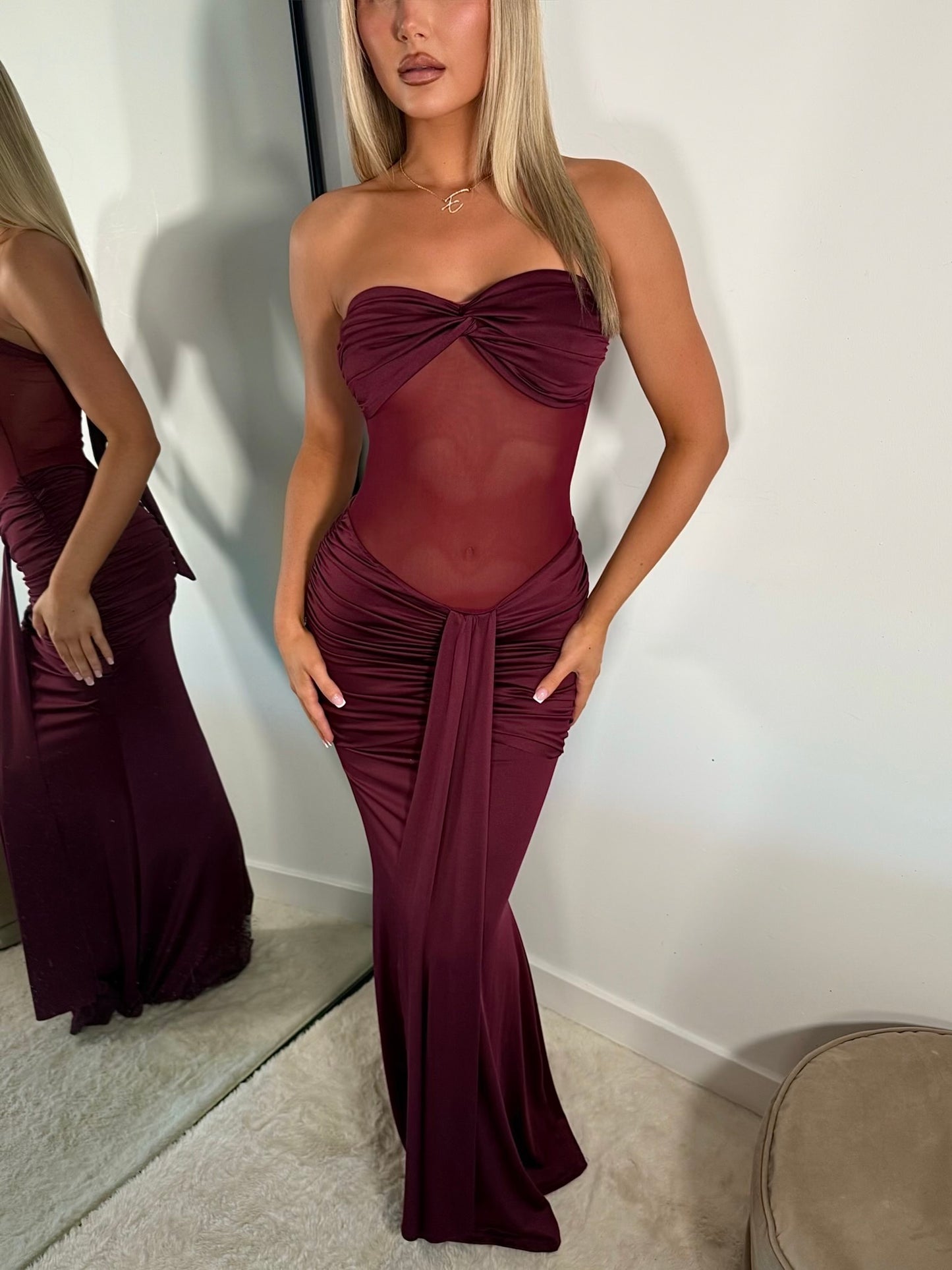 The ‘Mono Muse’ Mesh Ruched Maxi Dress Burgundy