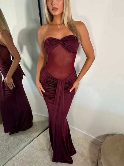 The ‘Mono Muse’ Mesh Ruched Maxi Dress Burgundy