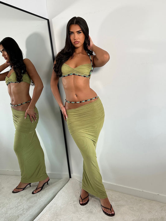 The ‘Ocean Drive’ Olive Maxi Skirt Set