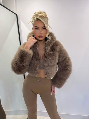 The ‘Mocha’ Brown Hooded Cropped Faux Fur Coat