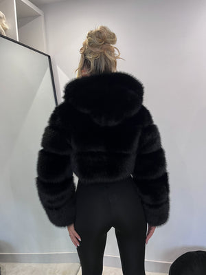 The ‘Midnight’ Black Hooded Cropped Faux Fur Coat