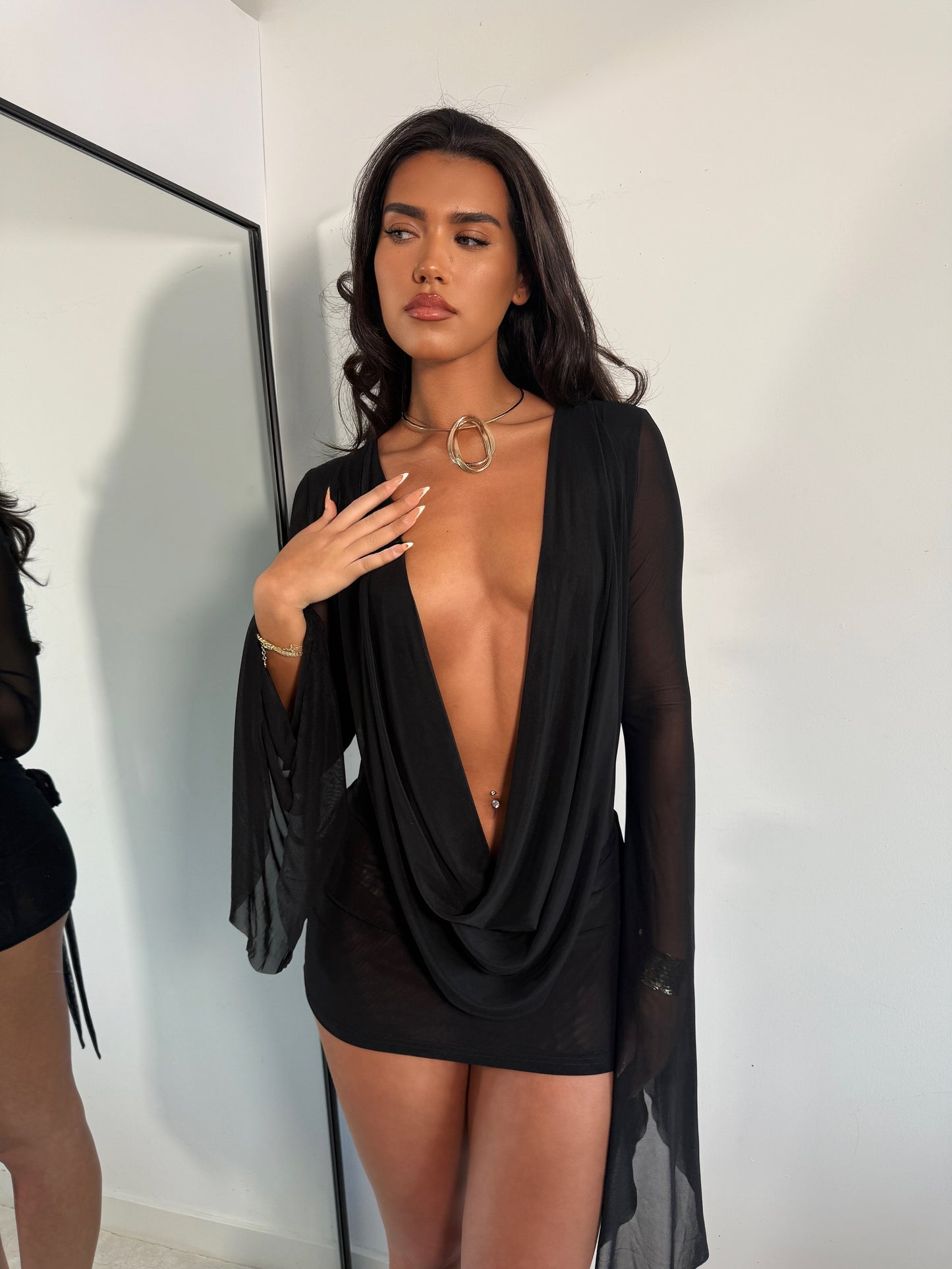 The ‘Night Code’ Drape Mesh Mini Dress Black