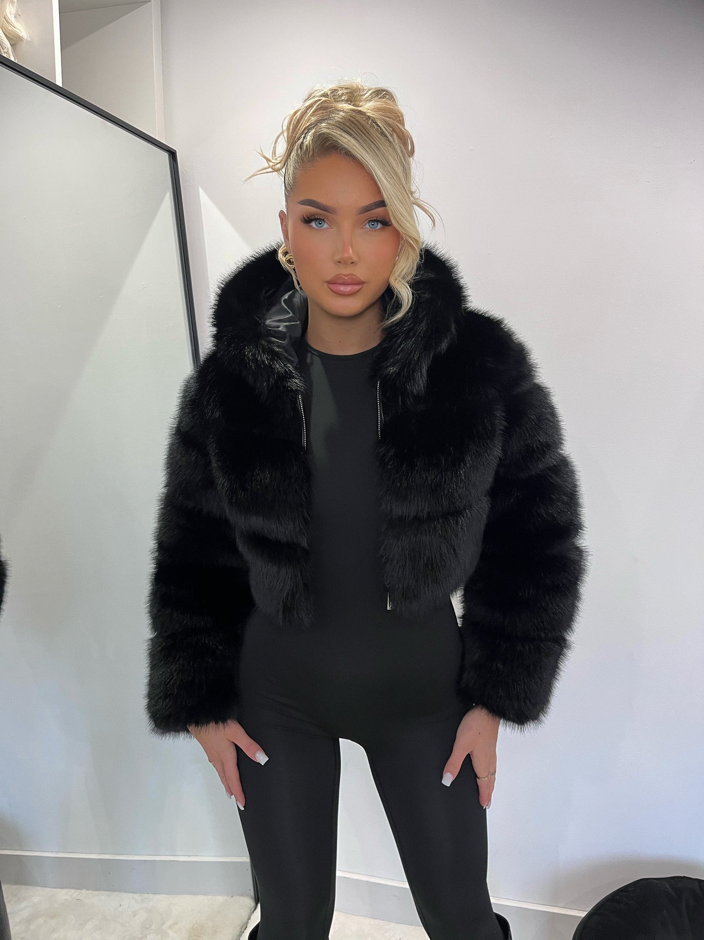 The ‘Midnight’ Black Hooded Cropped Faux Fur Coat