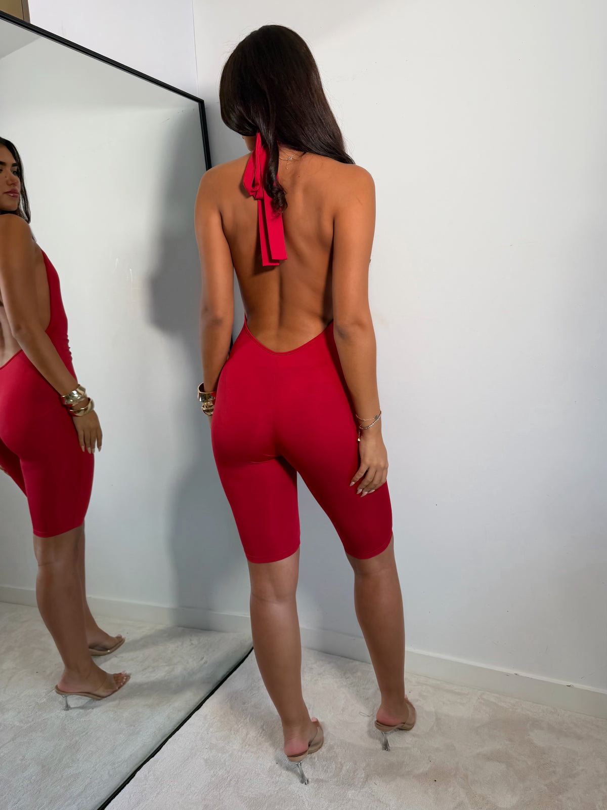The ‘Hourglass’ Plunge Capri Jumpsuit Red