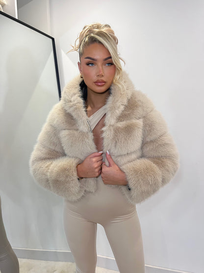 The ‘Latte’ Natural Hooded Cropped Faux Fur Coat