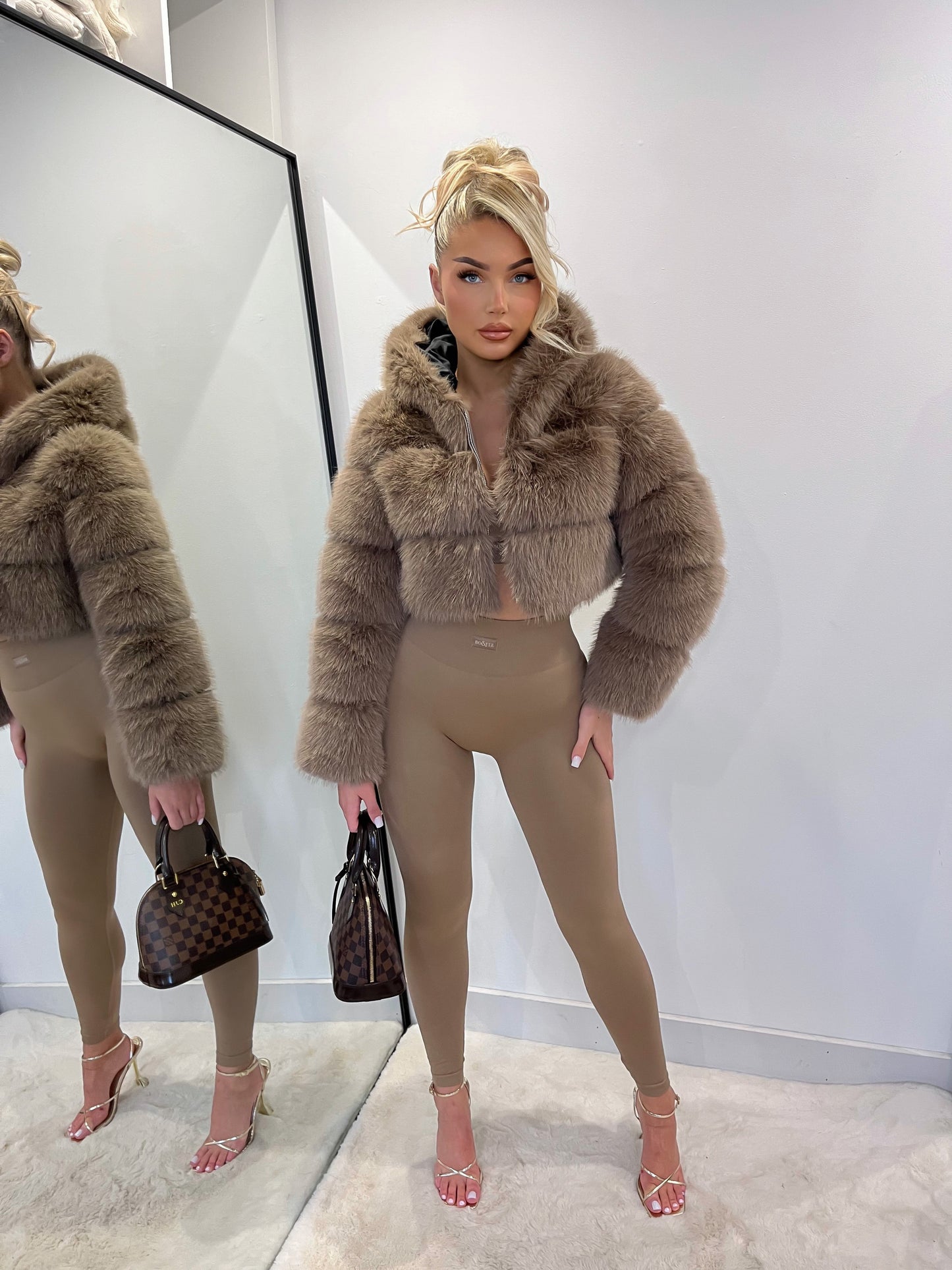 The ‘Mocha’ Brown Hooded Cropped Faux Fur Coat