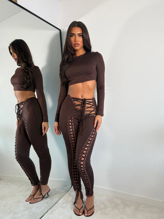 The ‘Say Less’ Lace Up Detail Trouser Set Brown
