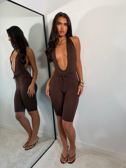 The ‘Hourglass’ Plunge Capri Jumpsuit Brown