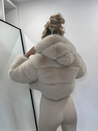 The ‘Latte’ Natural Hooded Cropped Faux Fur Coat