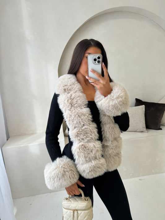 The ‘Geneva’ Faux Fur Cardigan Black & Beige