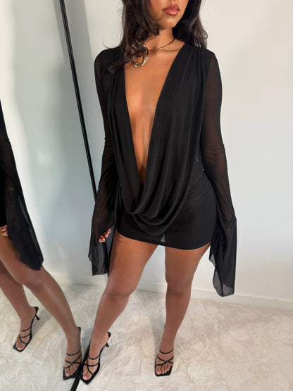 The ‘Night Code’ Drape Mesh Mini Dress Black