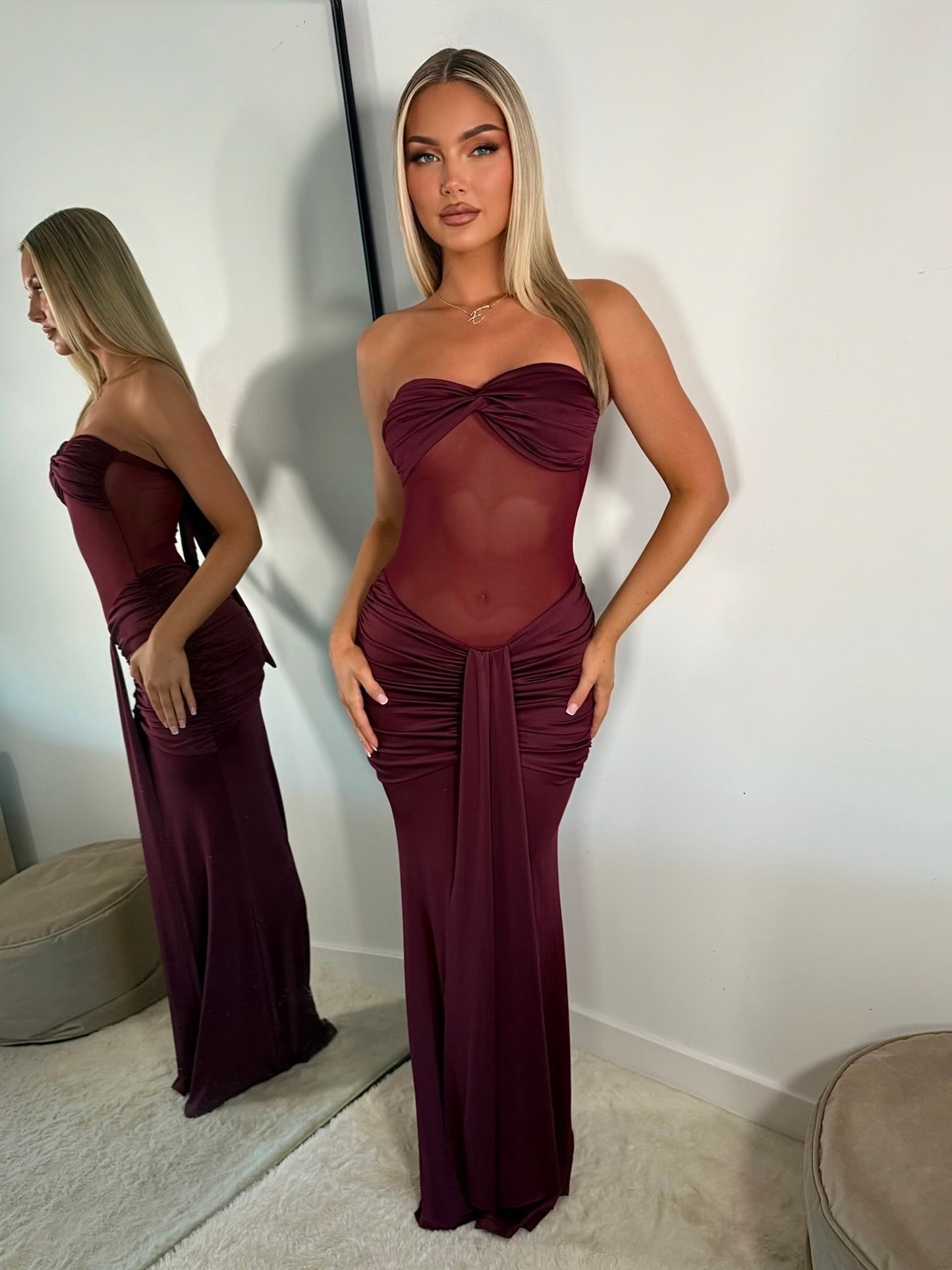 The ‘Mono Muse’ Mesh Ruched Maxi Dress Burgundy