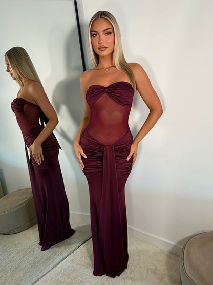 The ‘Mono Muse’ Mesh Ruched Maxi Dress Burgundy