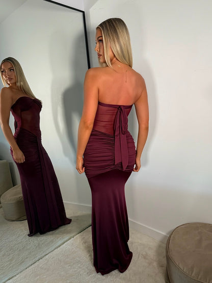 The ‘Mono Muse’ Mesh Ruched Maxi Dress Burgundy