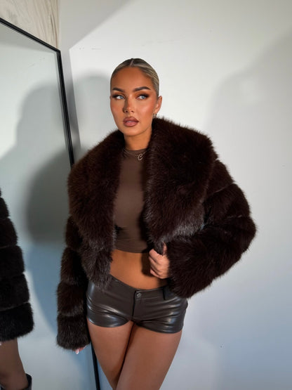 The ‘Lavella’ Cropped Luxury Faux Fur Coat Espresso Brown