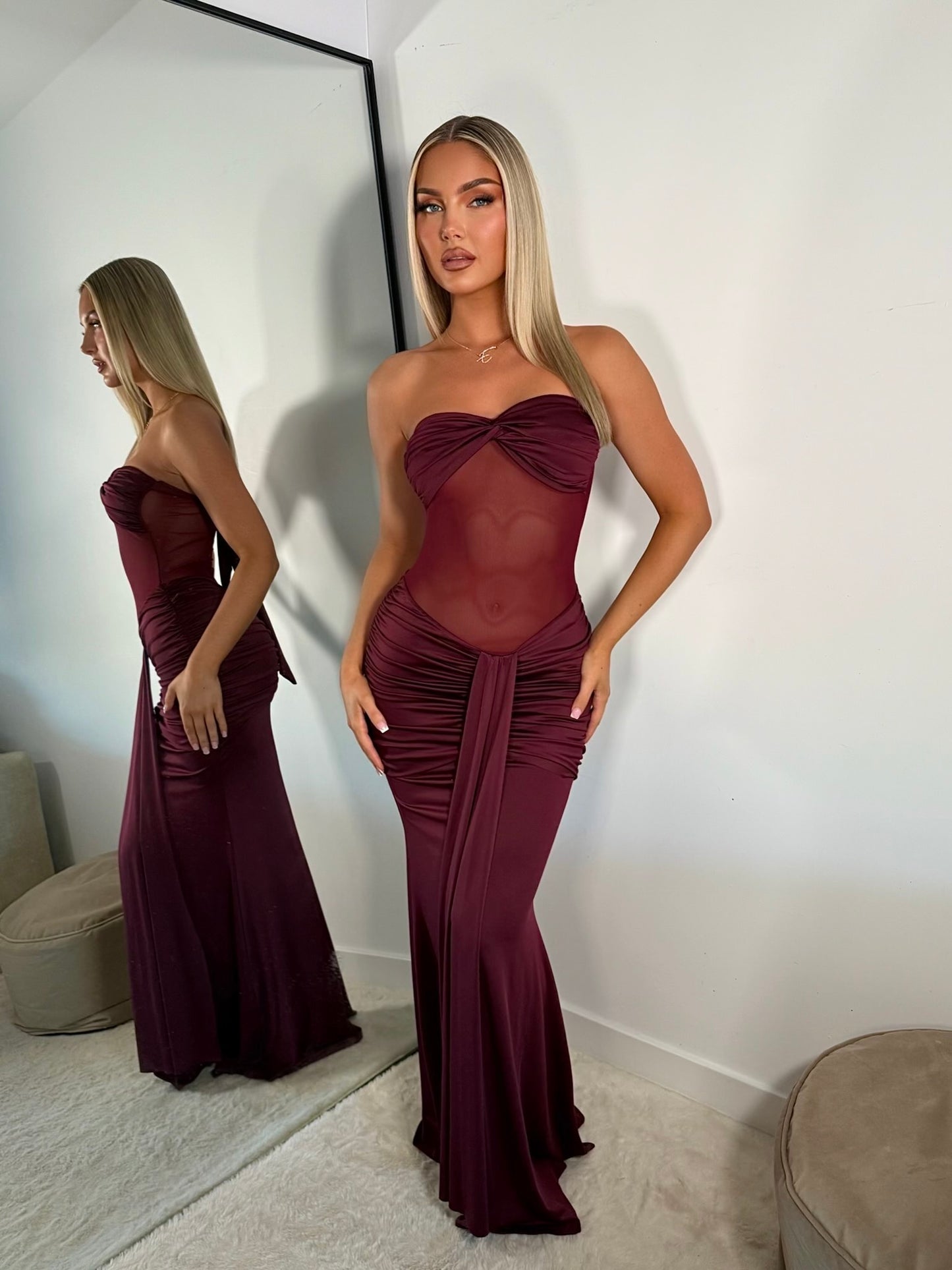 The ‘Mono Muse’ Mesh Ruched Maxi Dress Burgundy