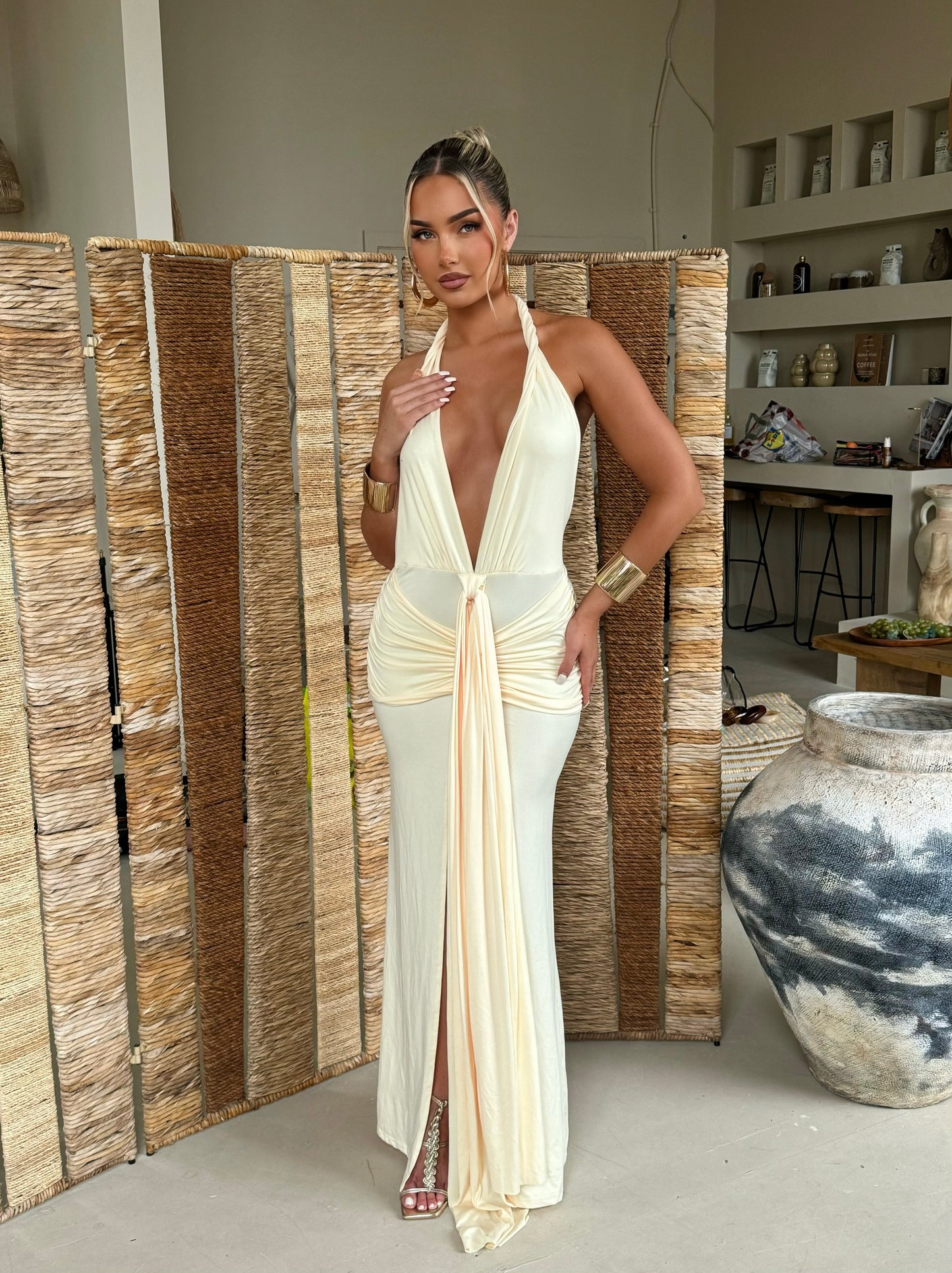 The ‘Avani’ Split Ruched Bum Maxi Dress Cream