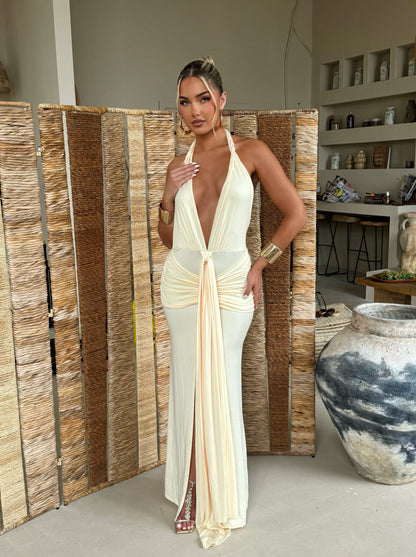The ‘Avani’ Split Ruched Bum Maxi Dress Cream