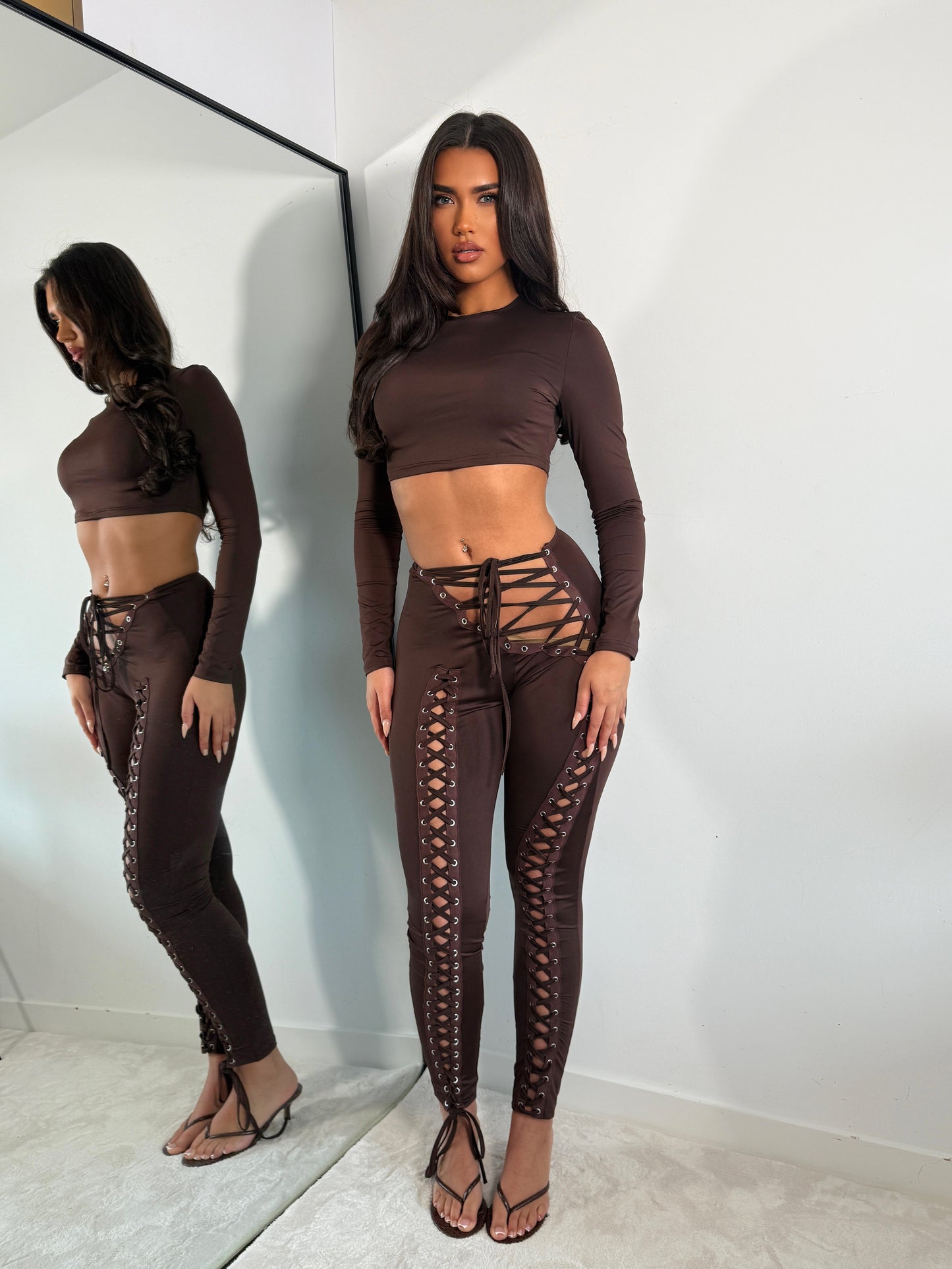 The ‘Say Less’ Lace Up Detail Trouser Set Brown