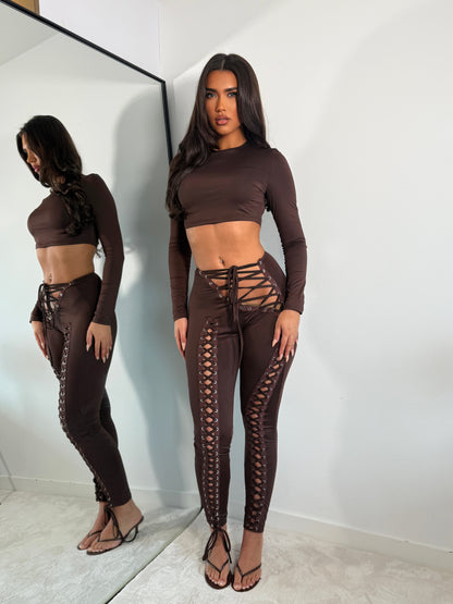 The ‘Say Less’ Lace Up Detail Trouser Set Brown