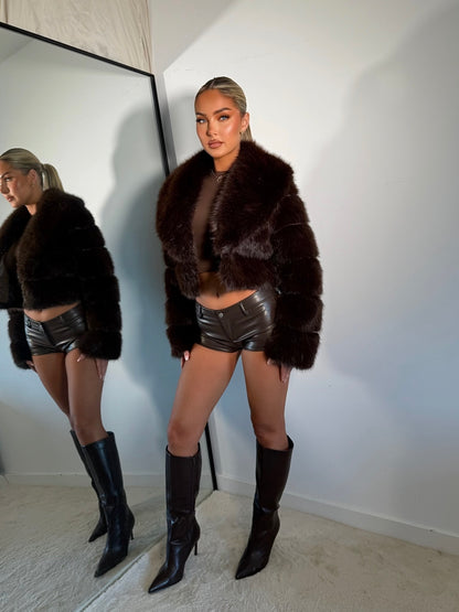 The ‘Lavella’ Cropped Luxury Faux Fur Coat Espresso Brown