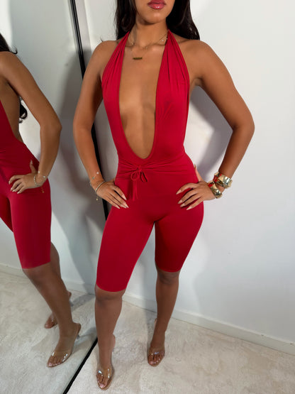 The ‘Hourglass’ Plunge Capri Jumpsuit Red