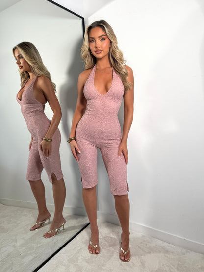 The ‘Dreamscape’ Pink Lace Capri Jumpsuit