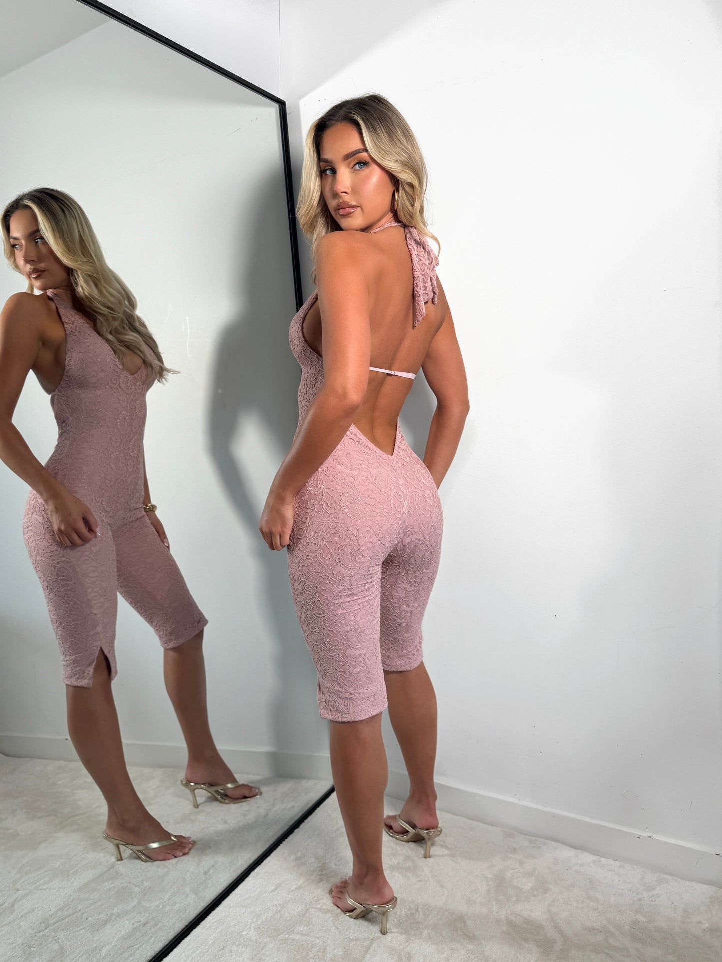 The ‘Dreamscape’ Pink Lace Capri Jumpsuit