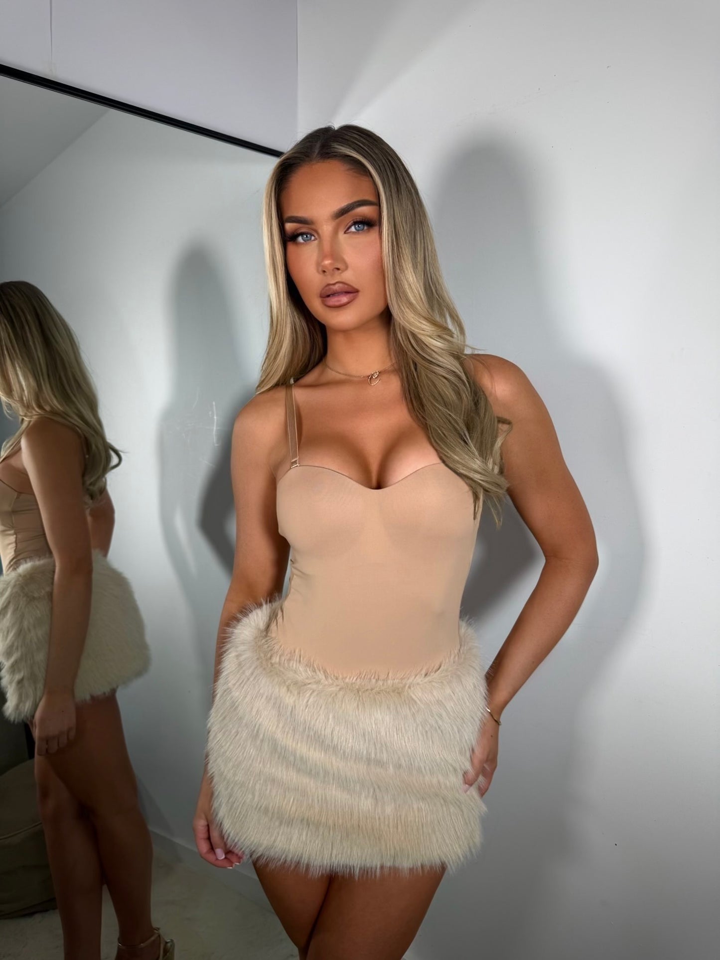 The ‘Velvet Noir’ Cream Fur Mini Skirt