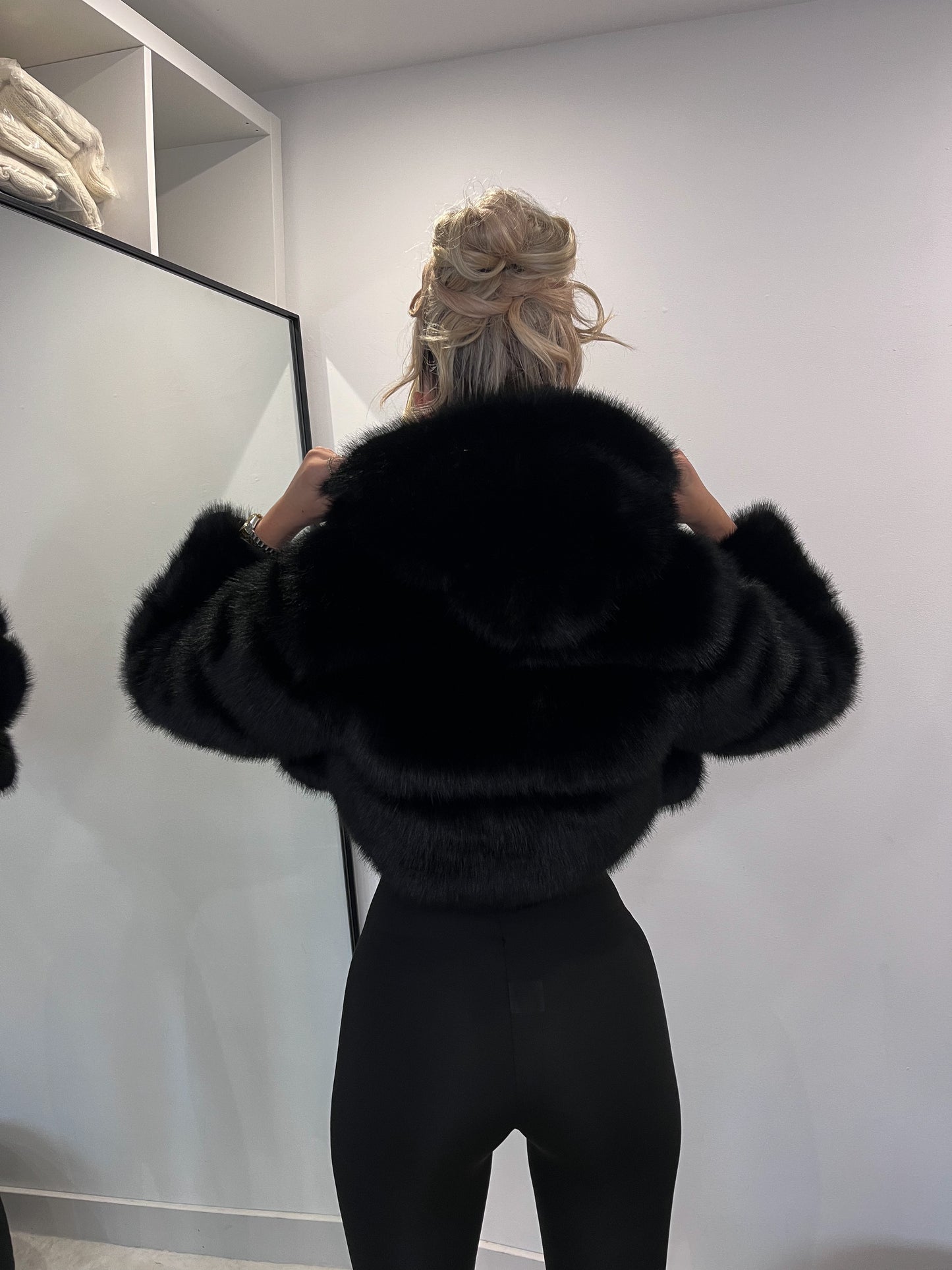 The ‘Midnight’ Black Hooded Cropped Faux Fur Coat