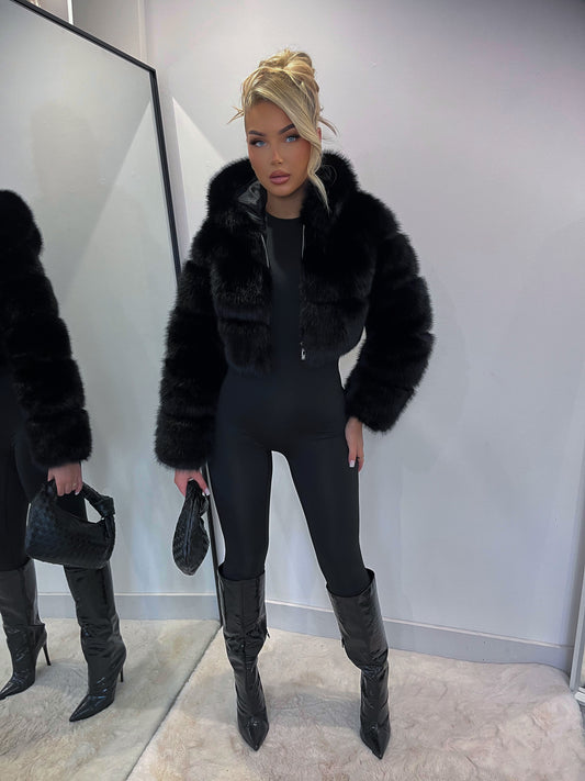 The ‘Midnight’ Black Hooded Cropped Faux Fur Coat